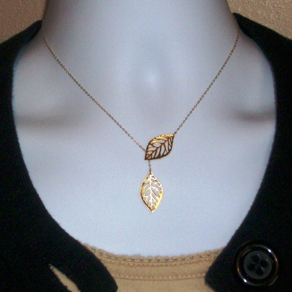 Set of Four - Leaf Lariat Necklace - Gold Leaf Lariat, gold, yellow, Gold filled Leaf Lariat Necklace, Valentines Day, Bridesmaid Gifts,
