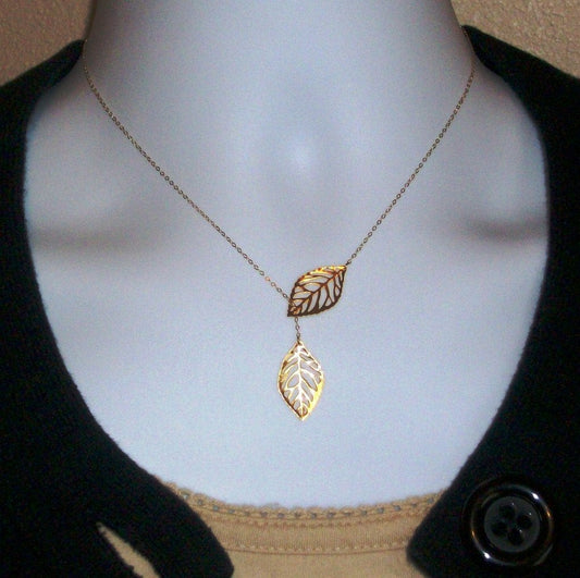 Leaf Lariat Necklace - Gold Leaf Lariat, gold, yellow, Gold filled Leaf Lariat Necklace, Valentines Day, Bridesmaid Gifts,