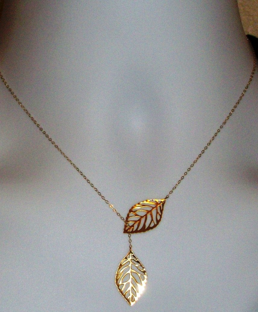 Set of Four - Leaf Lariat Necklace - Gold Leaf Lariat, gold, yellow, Gold filled Leaf Lariat Necklace, Valentines Day, Bridesmaid Gifts,