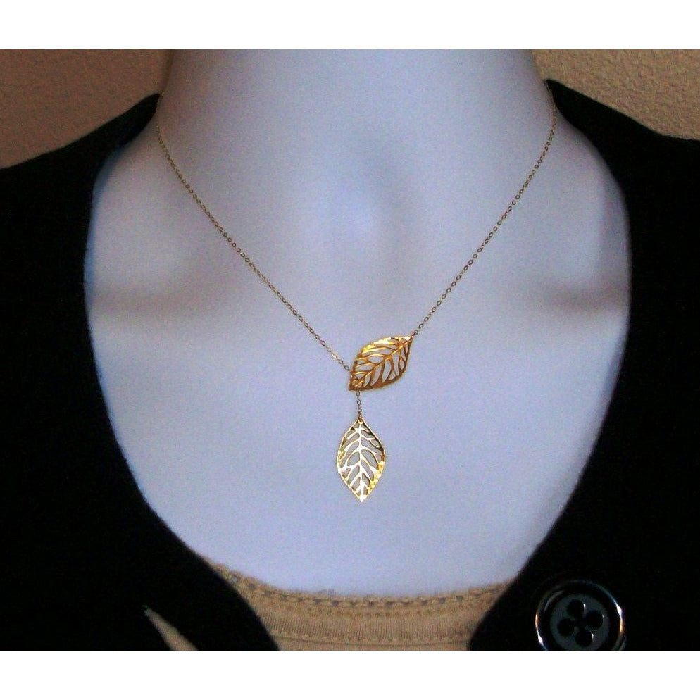 Set of Five - Leaf Lariat Necklace - Gold Leaf Lariat, gold, yellow, Gold filled Leaf Lariat Necklace, Valentines Day, Bridesmaid Gifts,