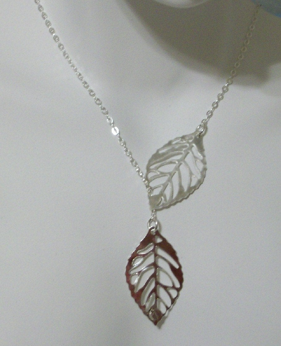 Leaf Lariat Necklace - Silver leaf lariat necklace, Sterling Silver Necklace, Valentines Day, bridesmaid gifts, weddings, grey,silver,white