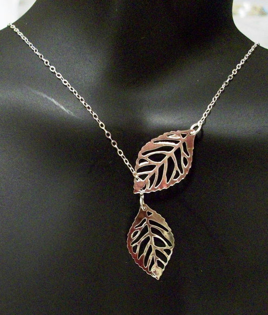 Set of Five Leaf Lariat Necklace - Silver leaf lariat necklace, Sterling Silver Necklace, Bridal, bridesmaid gifts, weddings, grey,white