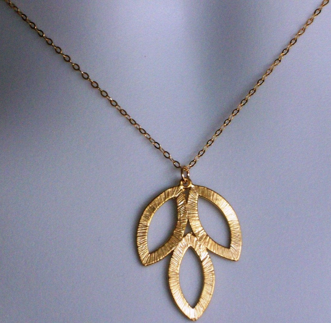 Triple Leaf Necklace - Gold Triple Leaf Pendant Necklace, gold, yellow, Valentines Day, Bridesmaid Gifts, Weddings, Bridal