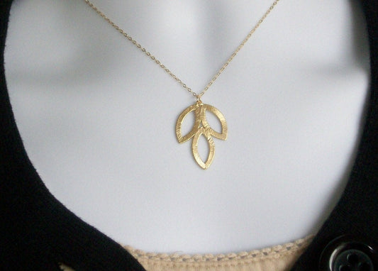 Triple Leaf Necklace - Gold Triple Leaf Pendant Necklace, gold, yellow, Valentines Day, Bridesmaid Gifts, Weddings, Bridal