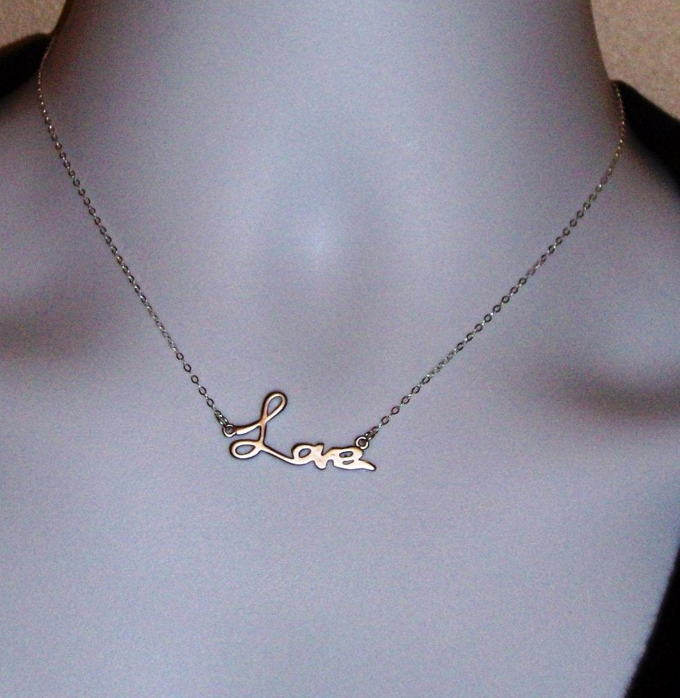 Love Necklace - Silver Cursive Love Necklace, Sterling Silver Necklace, Valentines Day, bridesmaid gifts, grey, silver, white