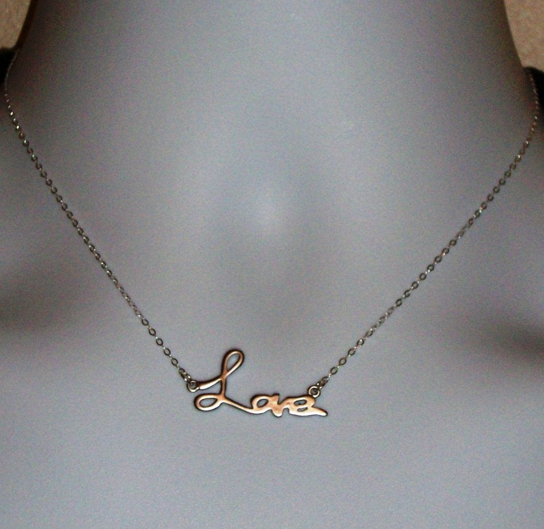 Love Necklace - Silver Cursive Love Necklace, Sterling Silver Necklace, Valentines Day, bridesmaid gifts, grey, silver, white