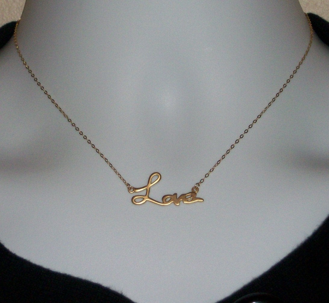 Gold Love Necklace - Gold Cursive Love Word Necklace, bridesmaid gifts, gold, yellow, orange, Mothers Day