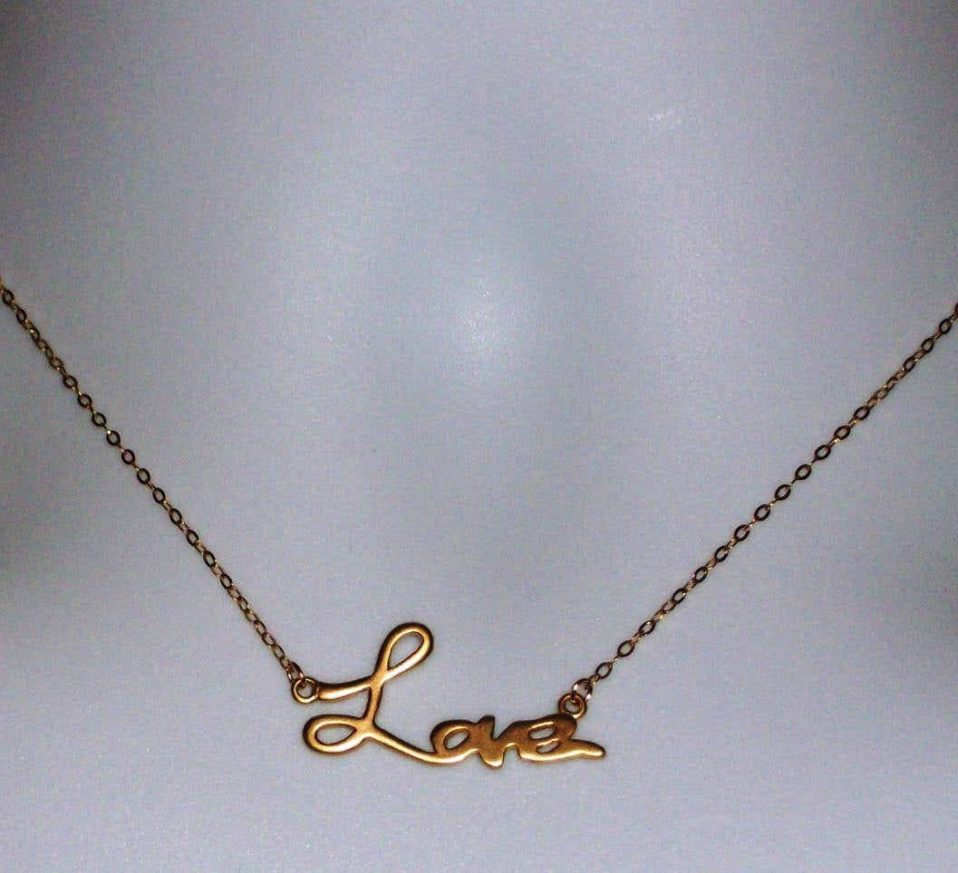 Gold Love Necklace - Gold Cursive Love Word Necklace, bridesmaid gifts, gold, yellow, orange, Mothers Day