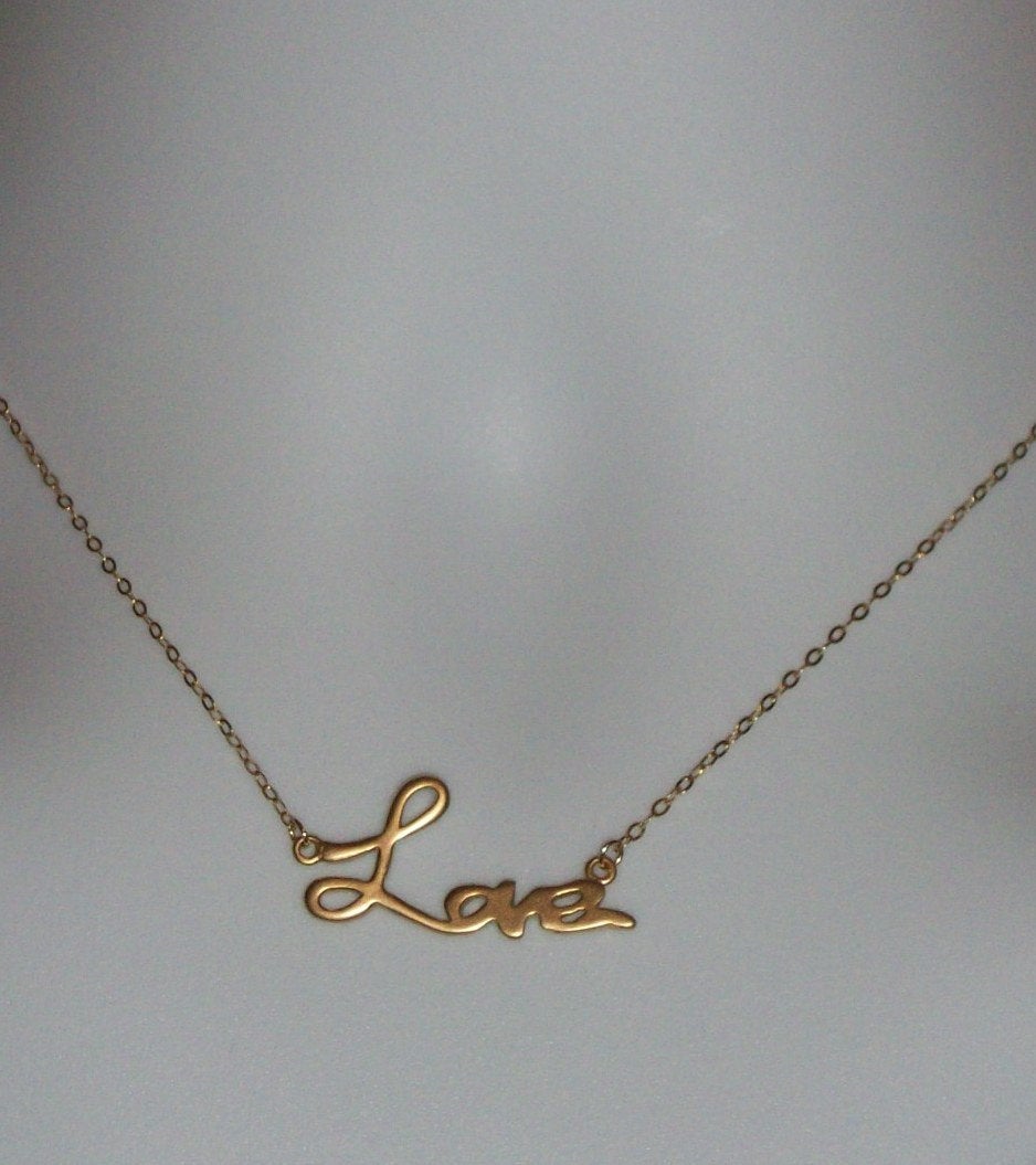 Gold Love Necklace - Gold Cursive Love Word Necklace, bridesmaid gifts, gold, yellow, orange, Mothers Day