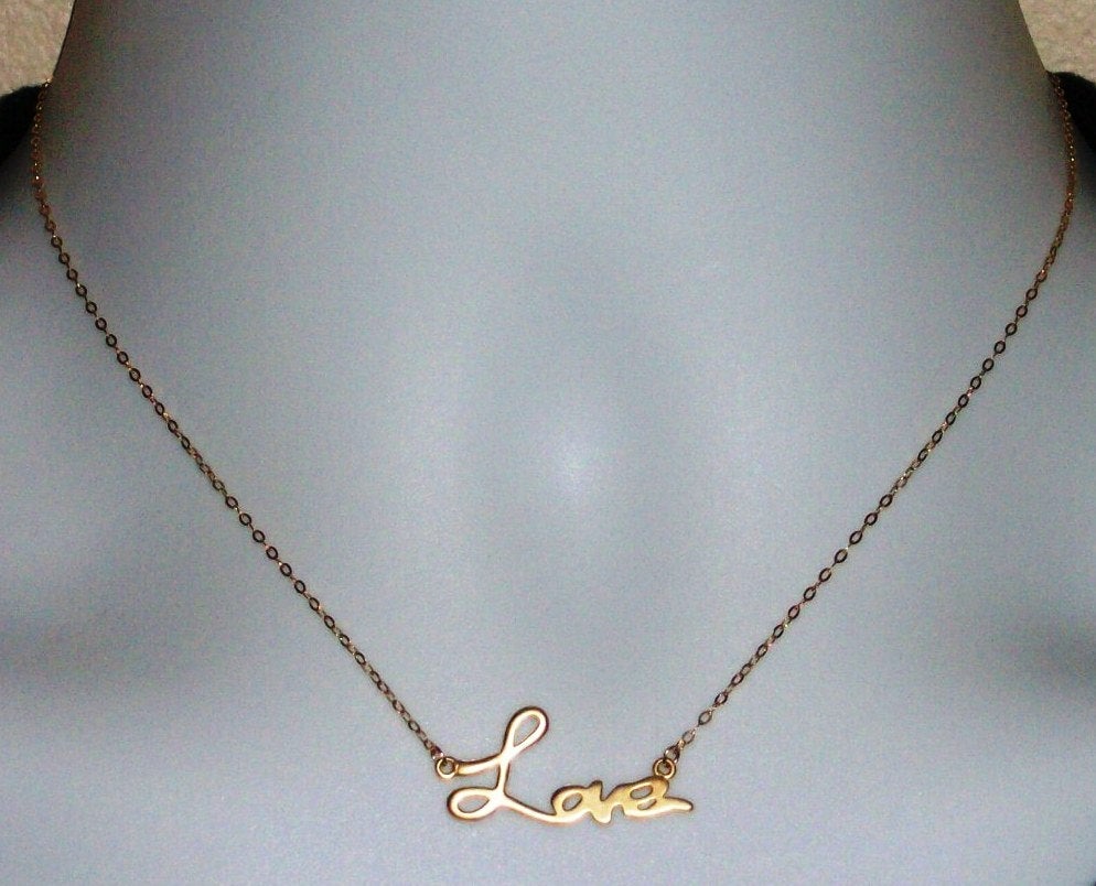 Gold Love Necklace - Gold Cursive Love Word Necklace, bridesmaid gifts, gold, yellow, orange, Mothers Day