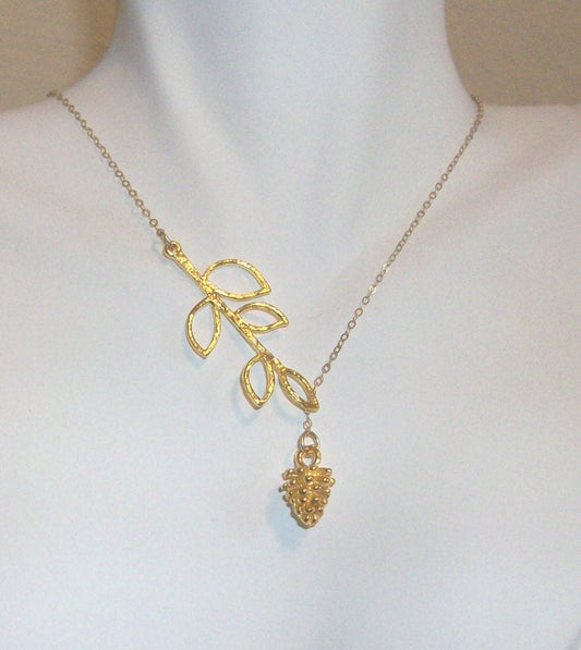 Lariat Necklace - Gold Filled Leaf Lariat and Plated Acorn Necklace, Bridesmaid Gift, gold, yellow, orange, Mothers Day