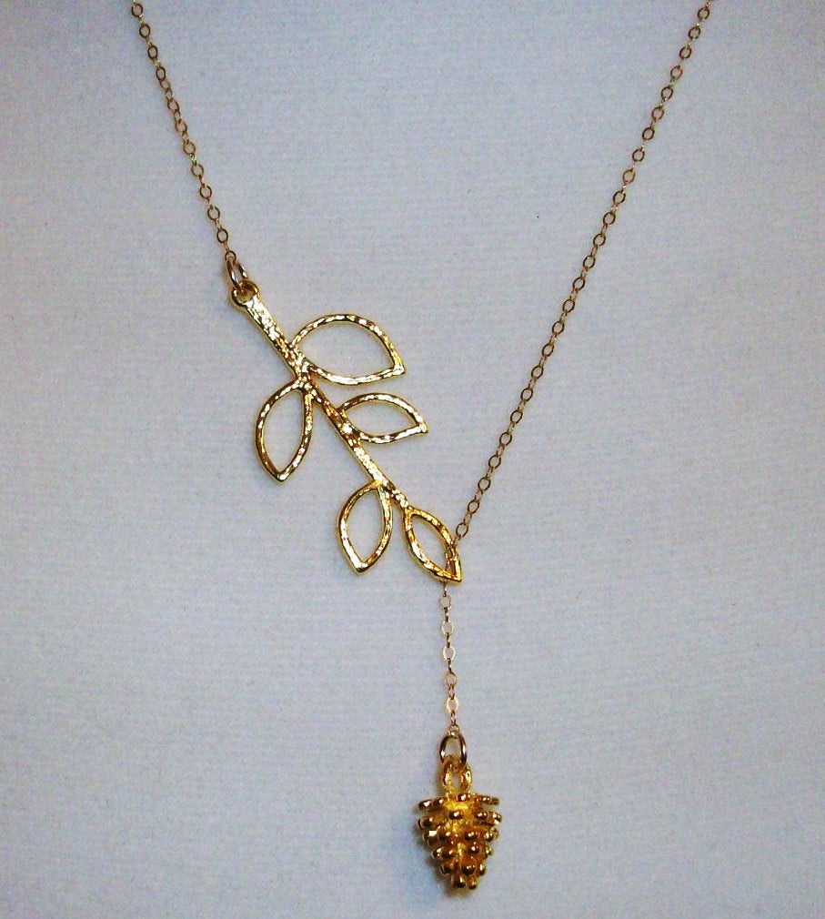 Lariat Necklace - Gold Filled Leaf Lariat and Plated Acorn Necklace, Bridesmaid Gift, gold, yellow, orange, Mothers Day