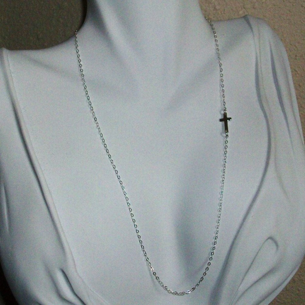 Sideways Cross Necklace - Sterling Silver Sideways Cross Necklace, grey, white, silver, Bridesmaid Gifts, Wedding, Valentines Day