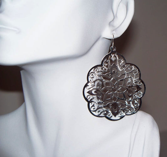 Silver Earrings - Sterling Silver Large Filigree Dangle Earrings, Valentines Day, bridesmaid gifts, wedding, grey, white, silver