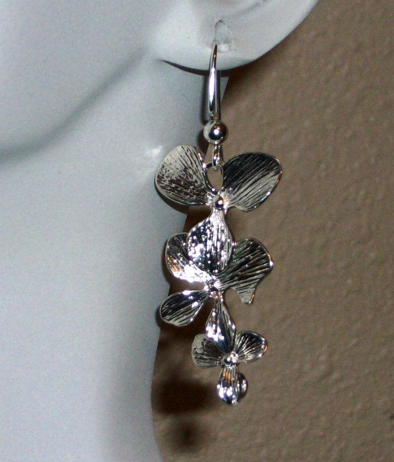 Orchid Earrings - Sterling Silver Orchid Flower Earrings, Valentines Day, bridesmaid gifts, wedding, grey, white, silver