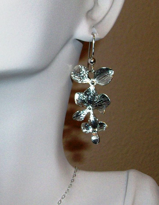 Orchid Earrings - Sterling Silver Orchid Flower Earrings, Valentines Day, bridesmaid gifts, wedding, grey, white, silver