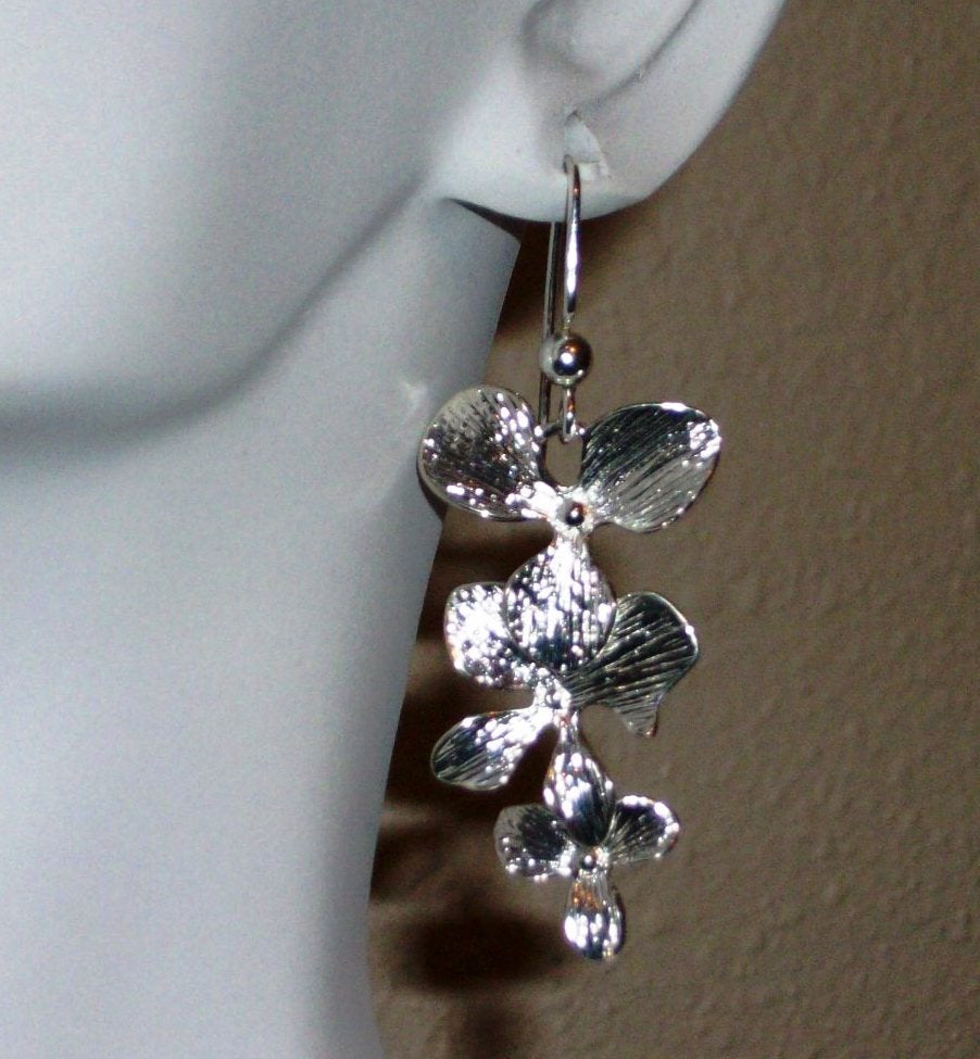 Orchid Earrings - Sterling Silver Orchid Flower Earrings, Valentines Day, bridesmaid gifts, wedding, grey, white, silver