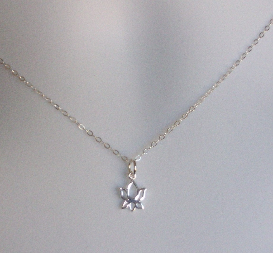 Silver Lotus Necklace - Tiny Silver Lotus Flower Necklace, Sterling Silver Necklace, bridesmaid gifts, grey, white, silver