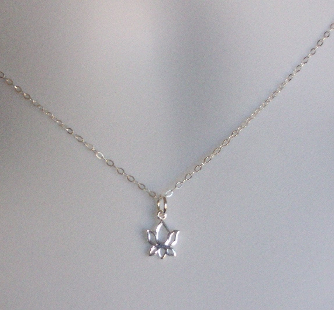 Silver Lotus Necklace - Tiny Silver Lotus Flower Necklace, Sterling Silver Necklace, bridesmaid gifts, grey, white, silver, Mothers Day