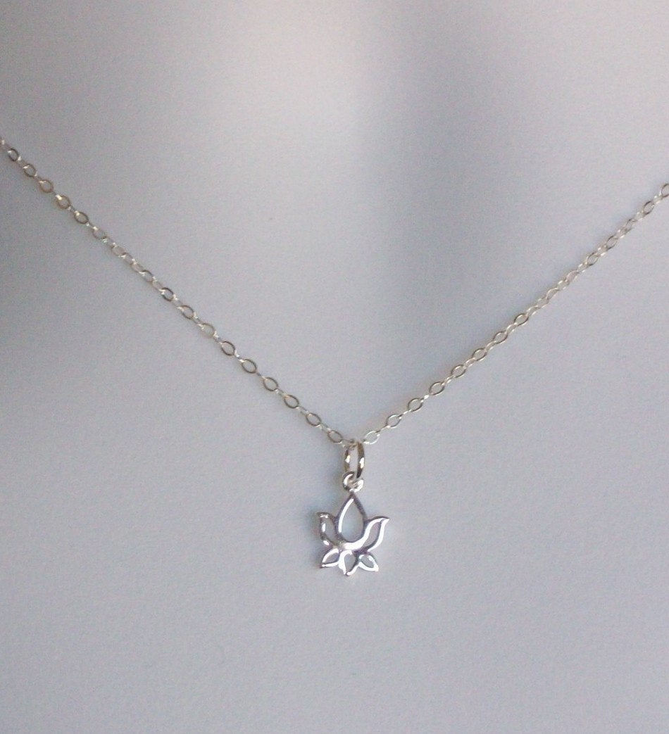 Silver Lotus Necklace - Tiny Silver Lotus Flower Necklace, Sterling Silver Necklace, bridesmaid gifts, grey, white, silver