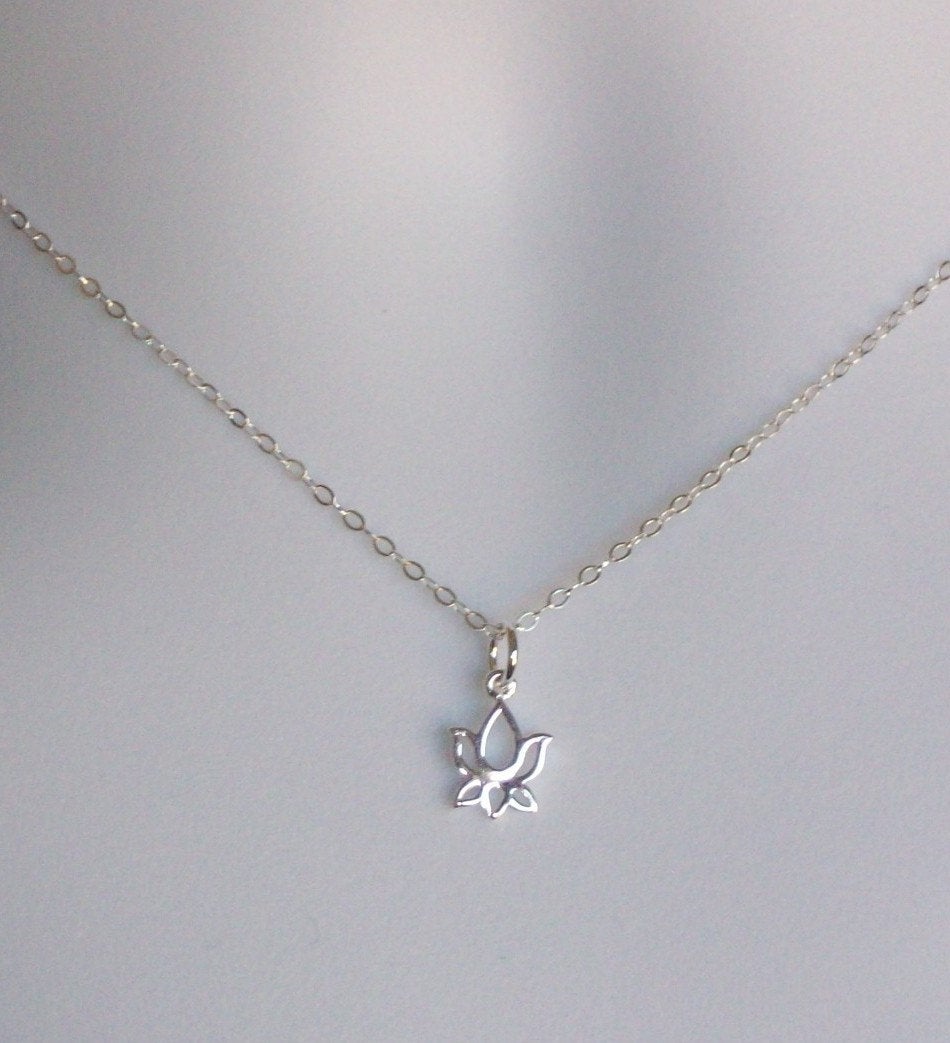 Silver Lotus Necklace - Tiny Silver Lotus Flower Necklace, Sterling Silver Necklace, bridesmaid gifts, grey, white, silver, Mothers Day