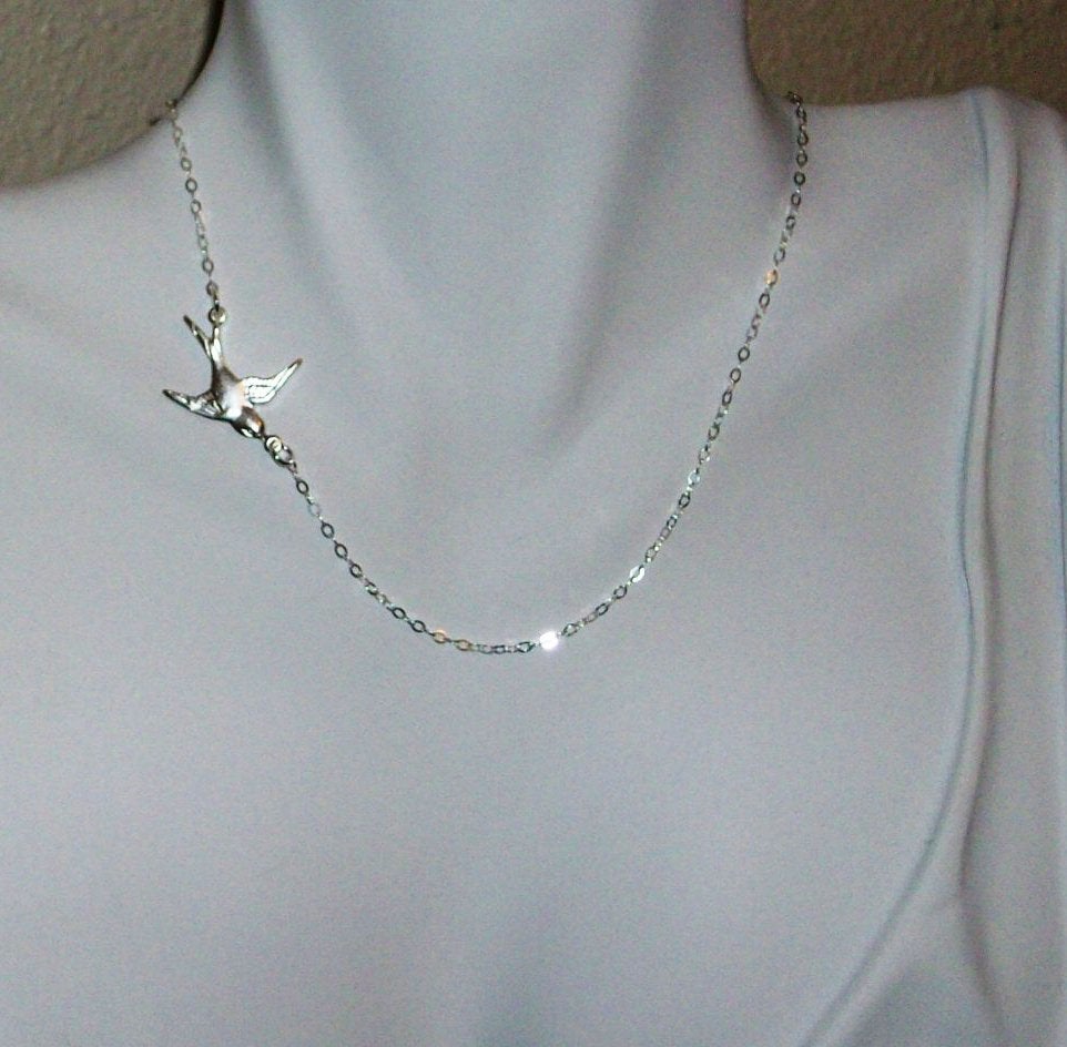 Set of Four-Bird Necklace, Sparrow Necklace, Sterling Silver Necklace, Sideways Fly Away Silver Bird Necklace, Bridesmaid Gift, Wedding