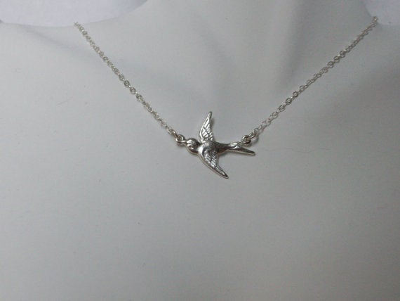 Bird Necklace, Sparrow Necklace, Sterling Silver Necklace, Hanging Fly Away Silver Bird Necklace, Bridesmaid Gift, Wedding, grey, white