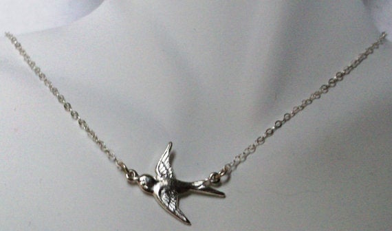 Bird Necklace, Sparrow Necklace, Sterling Silver Necklace, Hanging Fly Away Silver Bird Necklace, Bridesmaid Gift, Wedding, grey, white