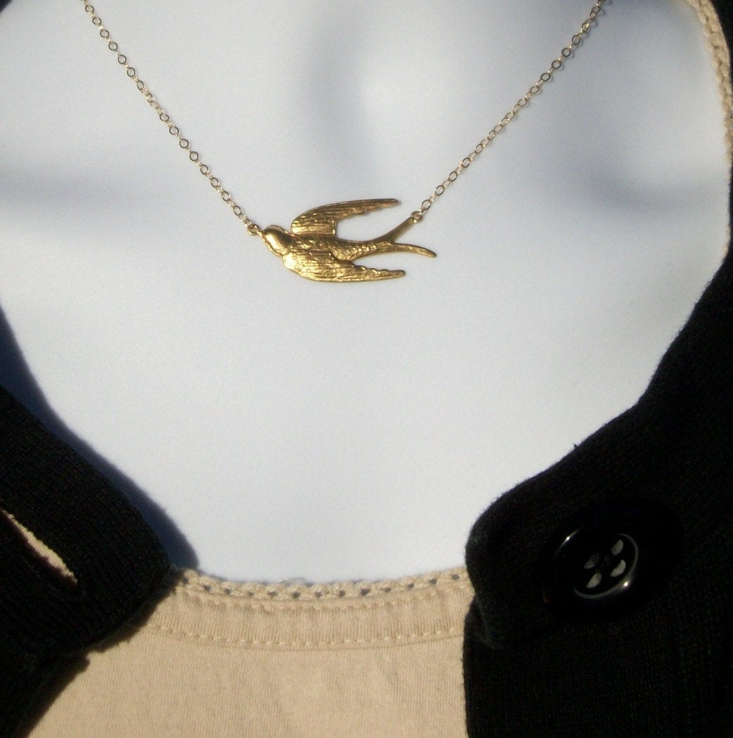 Gold Swallow Necklace - Soaring Swallow Necklace, Gold Filled Necklace, bridesmaid gifts, gold, yellow, Wedding, Mothers Day, Bridal