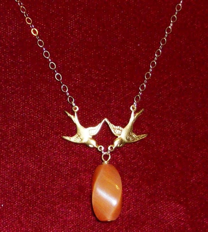 Gold Bird Necklace OOAK Red Rose Quartz and Gold Filled Swallow Necklace,gold, yellow, Wedding, Mothers day