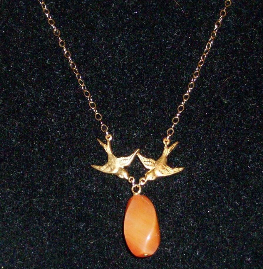 Gold Bird Necklace OOAK Red Rose Quartz and Gold Filled Swallow Necklace,gold, yellow, Wedding, Mothers day