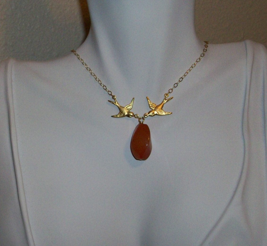 Gold Bird Necklace OOAK Red Rose Quartz and Gold Filled Swallow Necklace,gold, yellow, Wedding, Mothers day