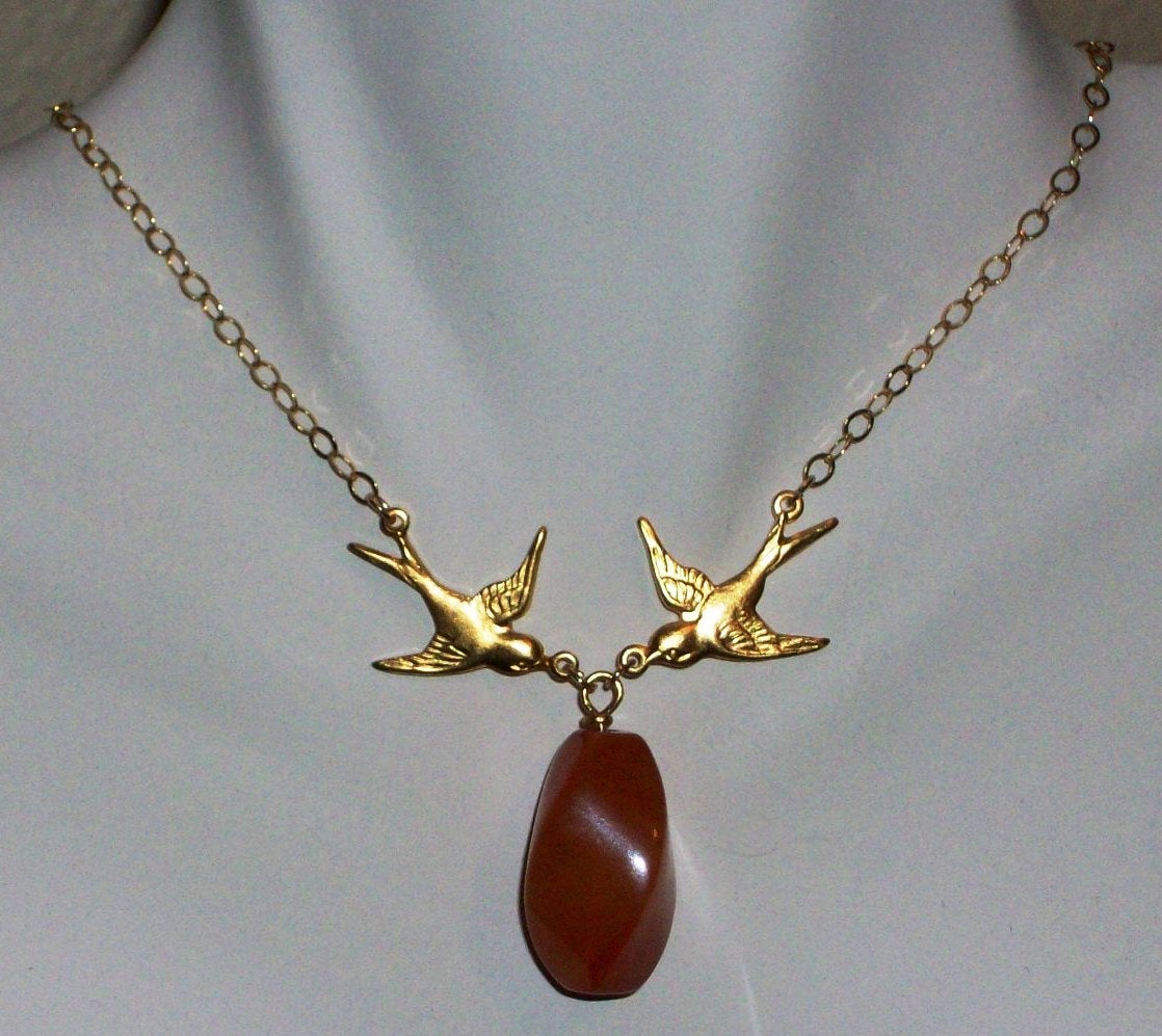 Gold Bird Necklace OOAK Red Rose Quartz and Gold Filled Swallow Necklace,gold, yellow, Wedding, Mothers day