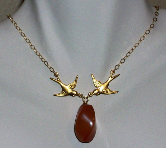 Gold Bird Necklace OOAK Red Rose Quartz and Gold Filled Swallow Necklace,gold, yellow, Wedding, Mothers day