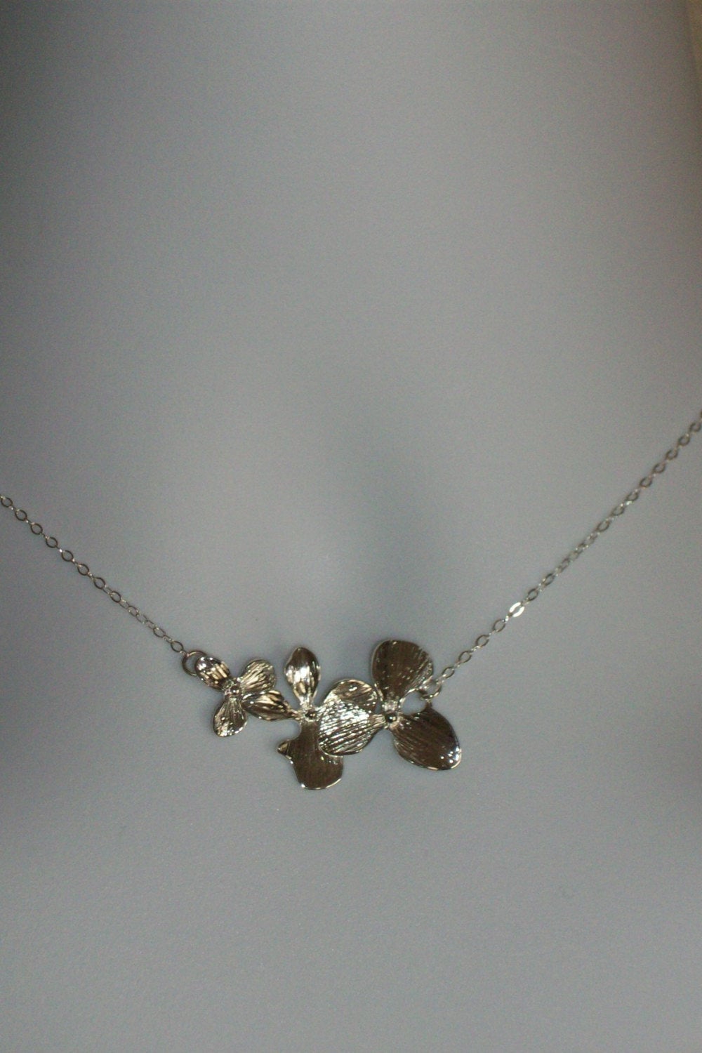 Orchid Necklace - Sideways Orchid Necklace, Silver Flower Necklace, Sterling Silver Necklace, bridesmaid gifts, weddings, grey,silver,white