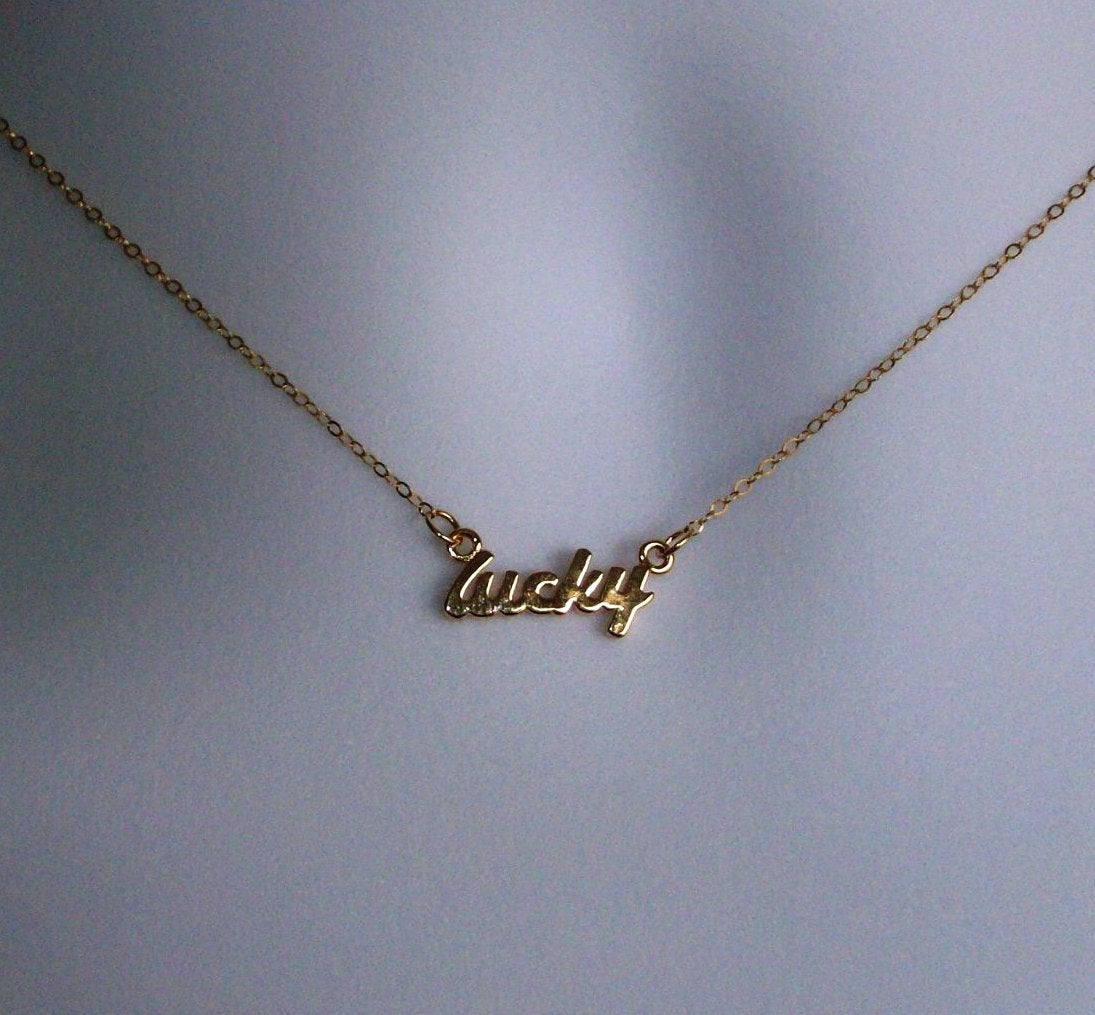 Gold Lucky Necklace - Gold Lucky Word Necklace - Gold Filled Lucky Necklace - Small Lucky Pendant Necklace