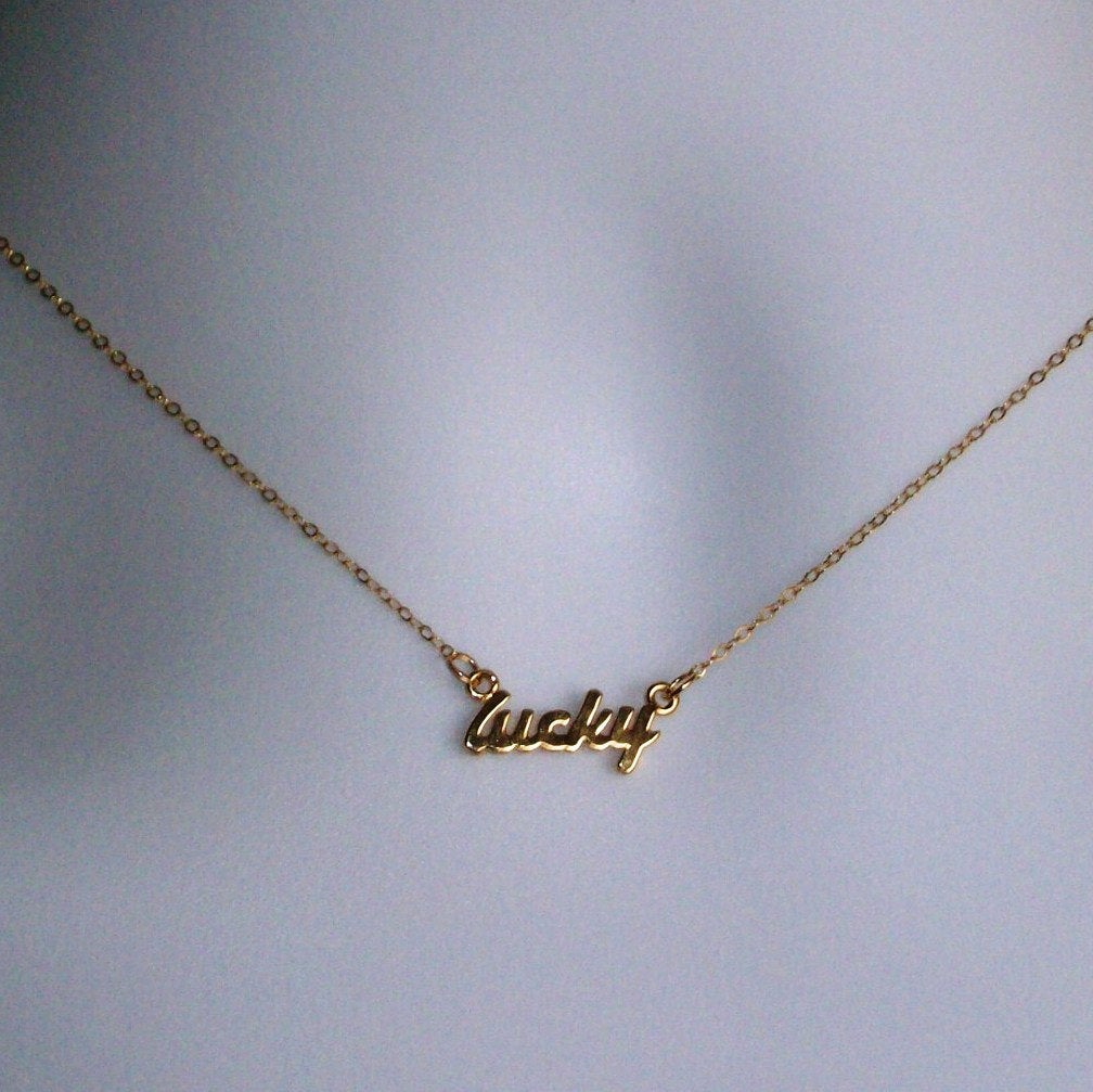 Gold Lucky Necklace - Gold Lucky Word Necklace - Gold Filled Lucky Necklace - Small Lucky Pendant Necklace