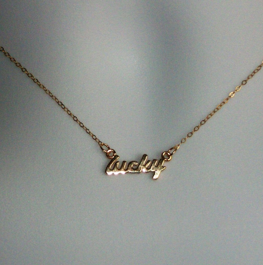 Gold Lucky Necklace - Gold Lucky Word Necklace - Gold Filled Lucky Necklace - Small Lucky Pendant Necklace