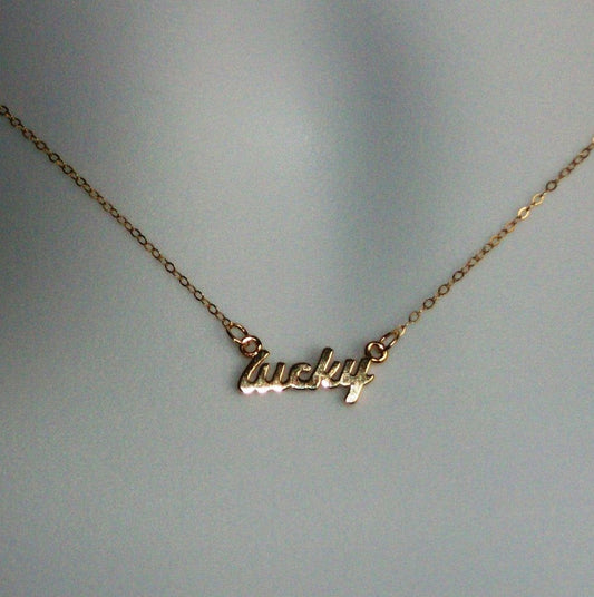 Gold Lucky Necklace - Gold Lucky Word Necklace - Gold Filled Lucky Necklace - Small Lucky Pendant Necklace