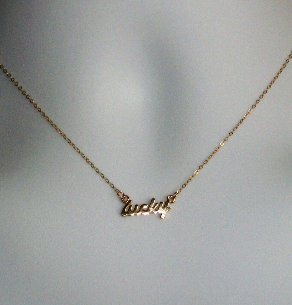 Gold Lucky Necklace - Gold Lucky Word Necklace - Gold Filled Lucky Necklace - Small Lucky Pendant Necklace