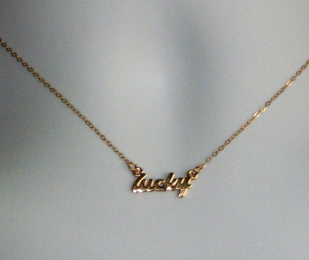 Gold Lucky Necklace - Gold Lucky Word Necklace - Gold Filled Lucky Necklace - Small Lucky Pendant Necklace