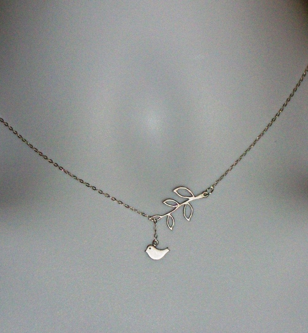 Tiny Lariat Necklace, Sterling Silver Lariat Necklace with Rhodium Plated Branch and Rhodium Plated Tiny Bird Necklace, Bridesmaid Gift,