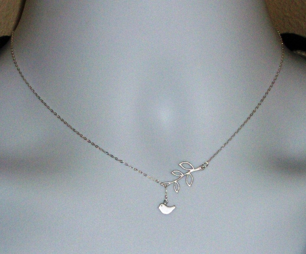 Tiny Lariat Necklace, Sterling Silver Lariat Necklace with Rhodium Plated Branch and Rhodium Plated Tiny Bird Necklace, Bridesmaid Gift,