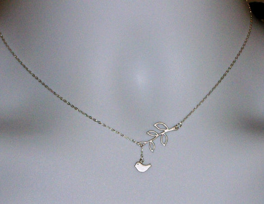 Tiny Lariat Necklace, Sterling Silver Lariat Necklace with Rhodium Plated Branch and Rhodium Plated Tiny Bird Necklace, Bridesmaid Gift,