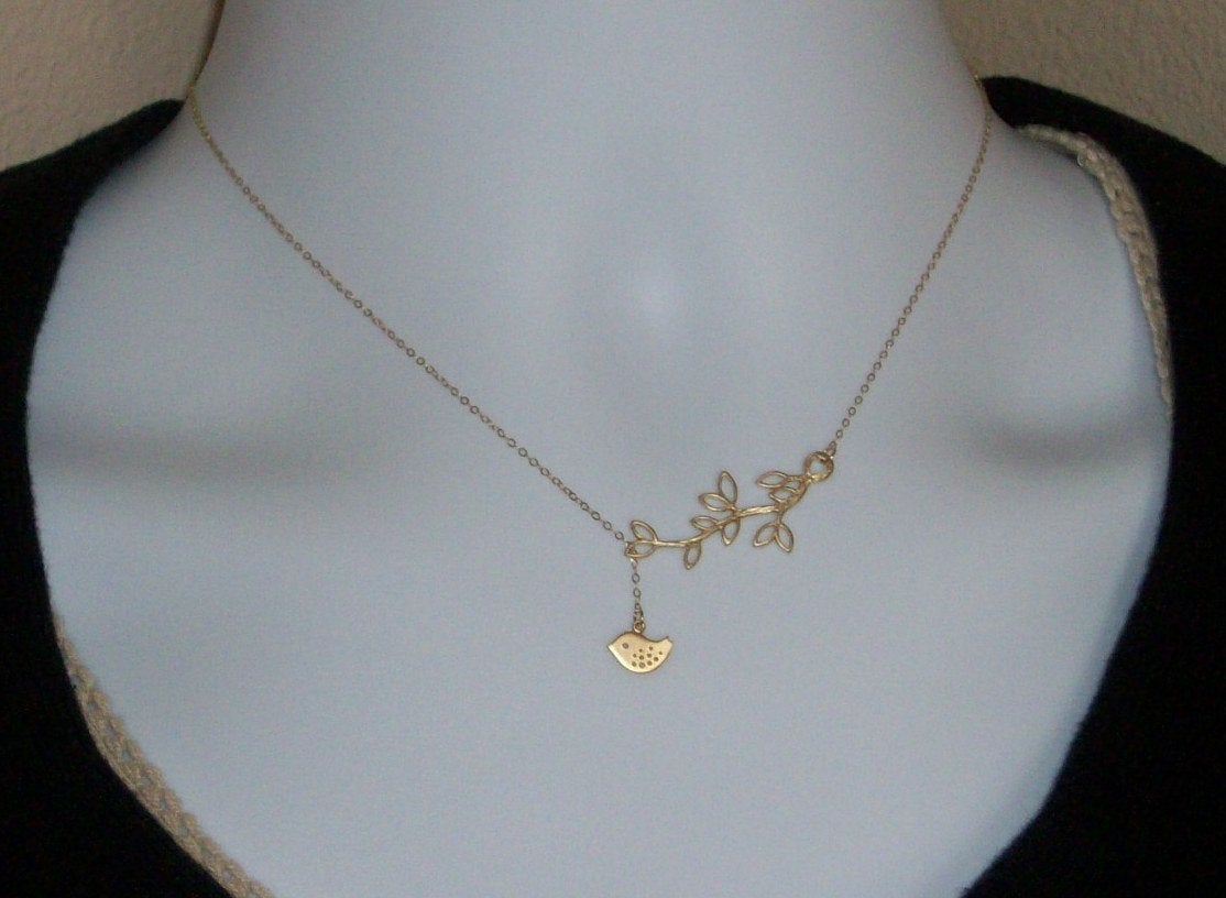 Tiny Lariat Necklace, Gold Filled Lariat Necklace with Gold Plated Branch and Gold Plated Tiny Bird Necklace, Bridesmaid Gift,
