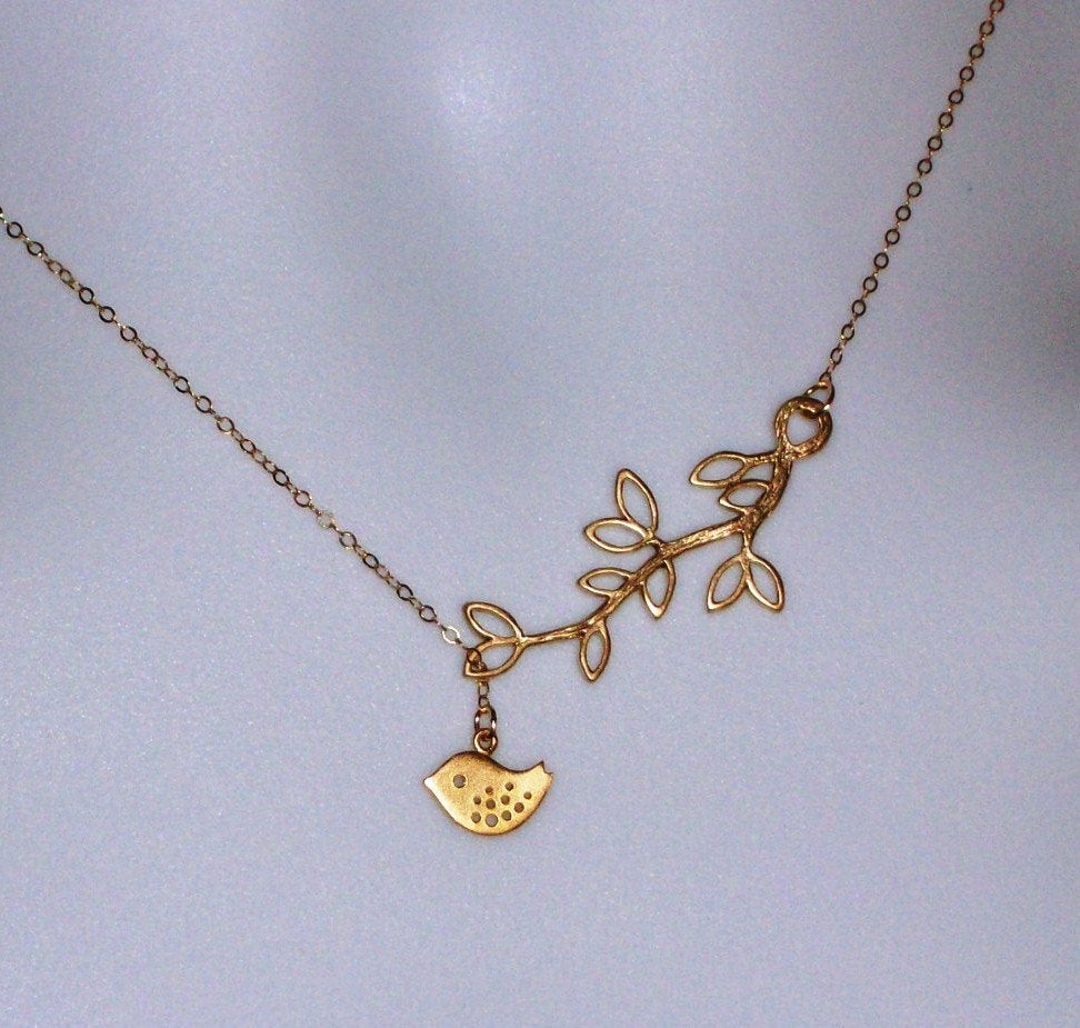 Tiny Lariat Necklace, Gold Filled Lariat Necklace with Gold Plated Branch and Gold Plated Tiny Bird Necklace, Bridesmaid Gift,