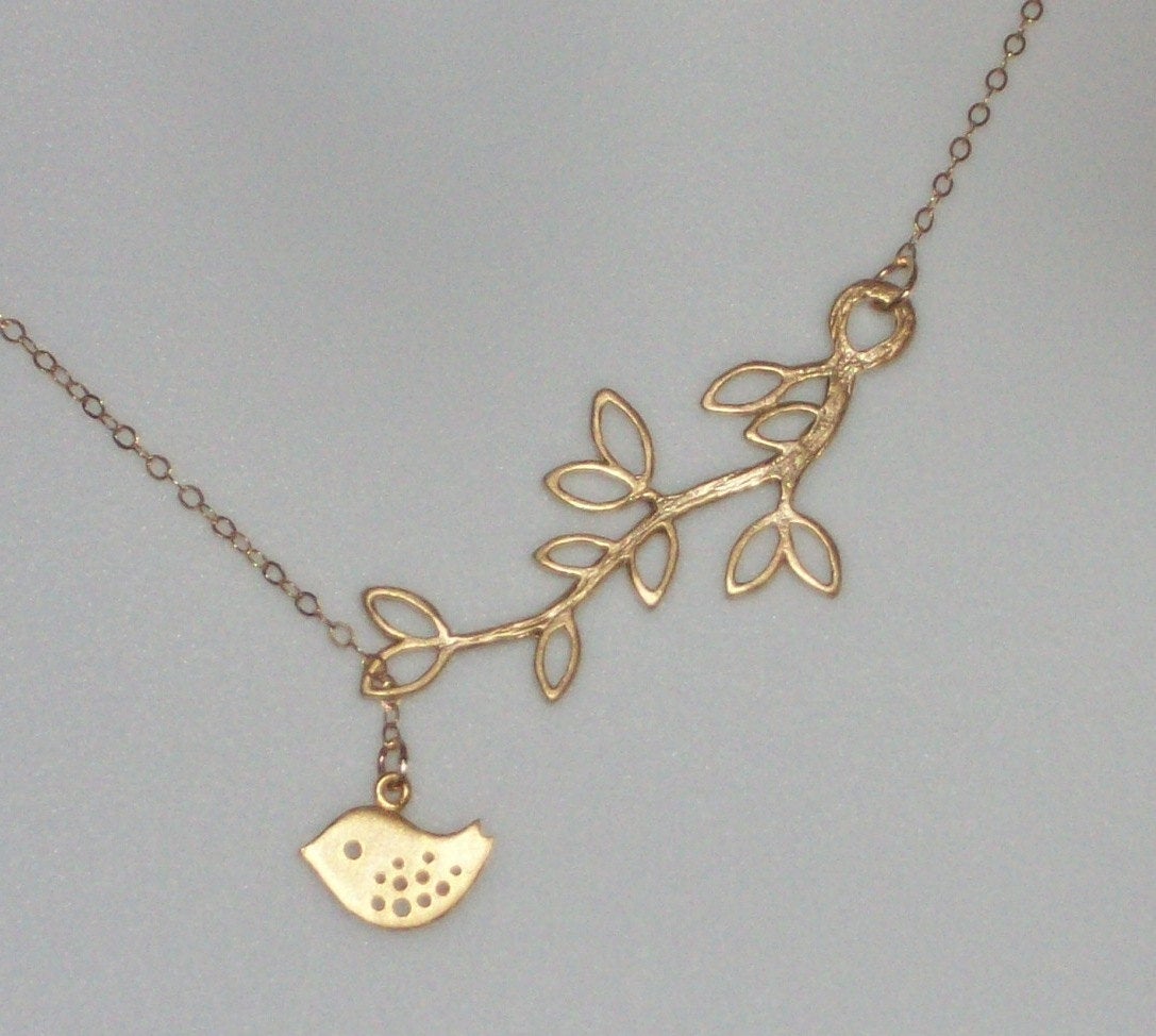 Tiny Lariat Necklace, Gold Filled Lariat Necklace with Gold Plated Branch and Gold Plated Tiny Bird Necklace, Bridesmaid Gift,