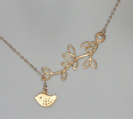 Tiny Lariat Necklace, Gold Filled Lariat Necklace with Gold Plated Branch and Gold Plated Tiny Bird Necklace, Bridesmaid Gift,