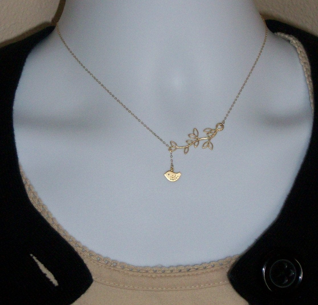 Tiny Lariat Necklace, Gold Filled Lariat Necklace with Gold Plated Branch and Gold Plated Tiny Bird Necklace, Bridesmaid Gift,
