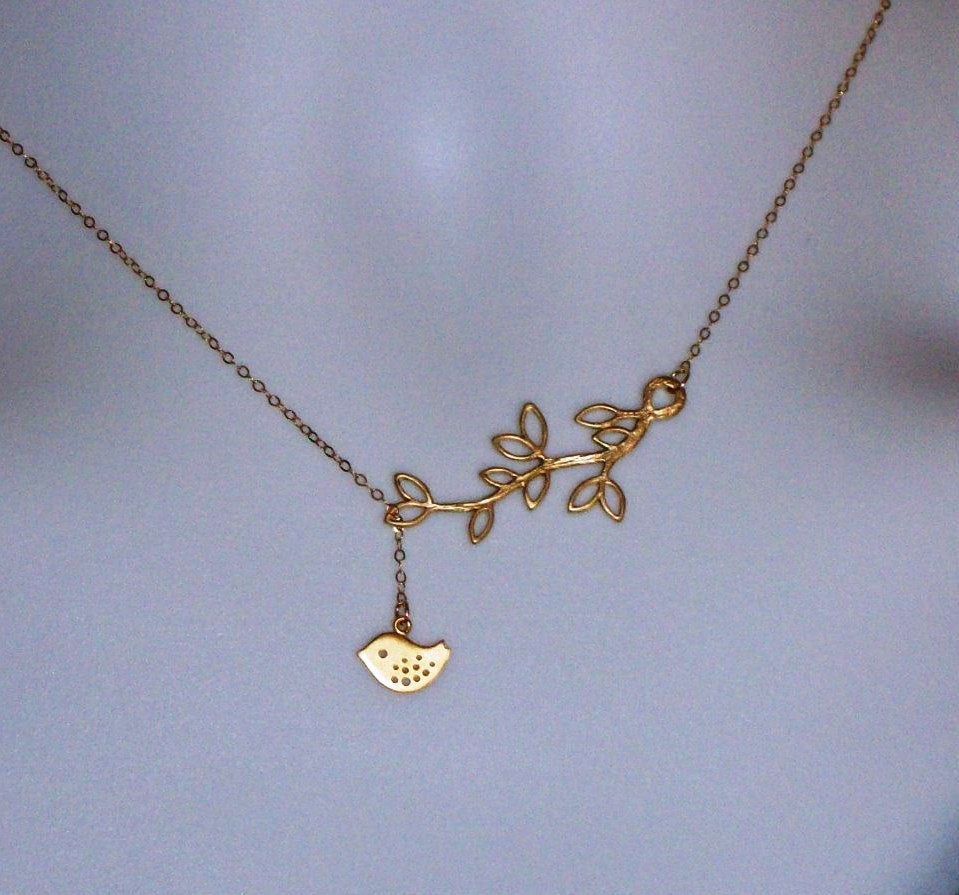Tiny Lariat Necklace, Gold Filled Lariat Necklace with Gold Plated Branch and Gold Plated Tiny Bird Necklace, Bridesmaid Gift,